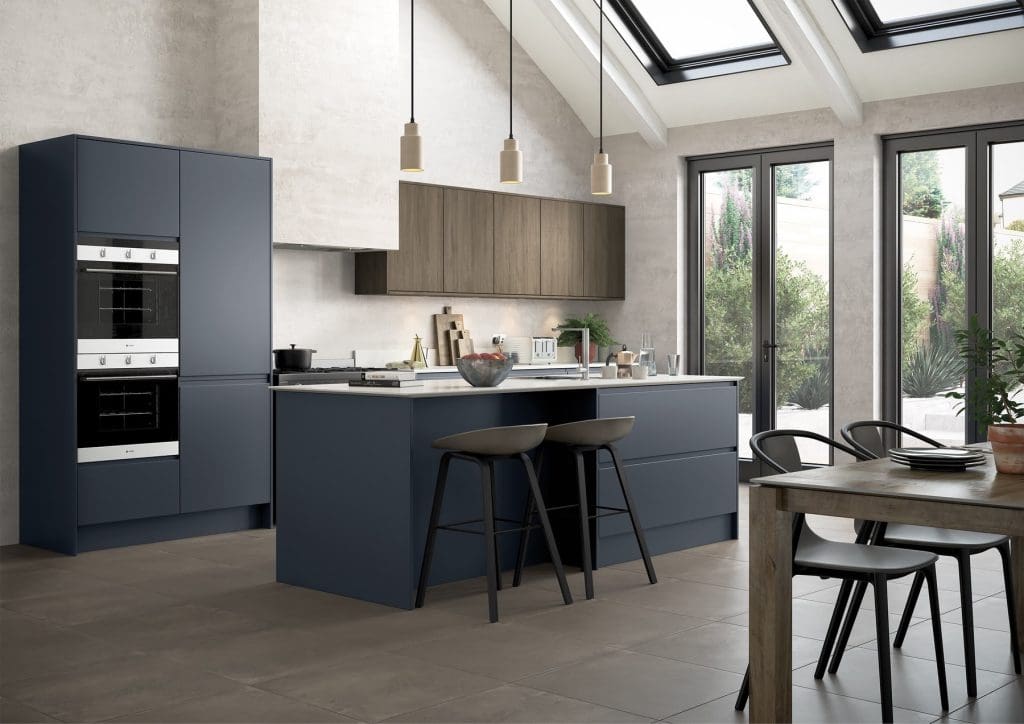 Strada Matte Slate Blue And Rezana Espresso Handleless Kitchen | NG Bespoke, Cheshire