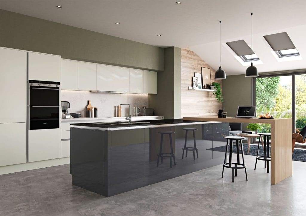 Zola Gloss Porcelain And Graphite Handleless Open Plan Kitchen | NG Bespoke, Cheshire