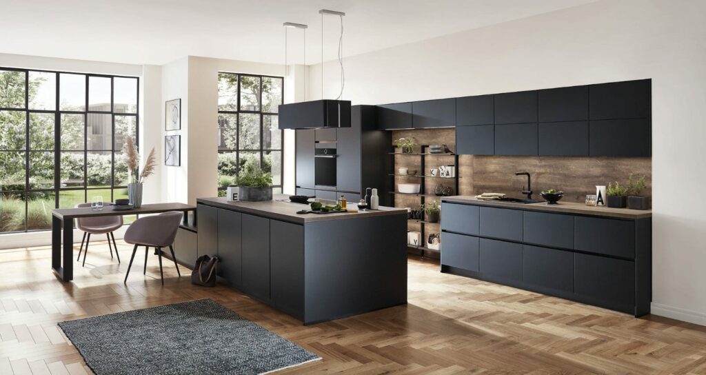 Nobilia Matt Black Wood Handleless Open Plan Kitchen 2021 | NG Bespoke, Cheshire