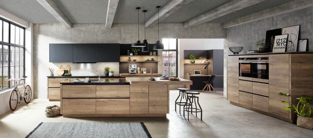 Nobilia Matt Black Wood Open Plan Handleless Kitchen With Island 2021 1 | NG Bespoke, Cheshire