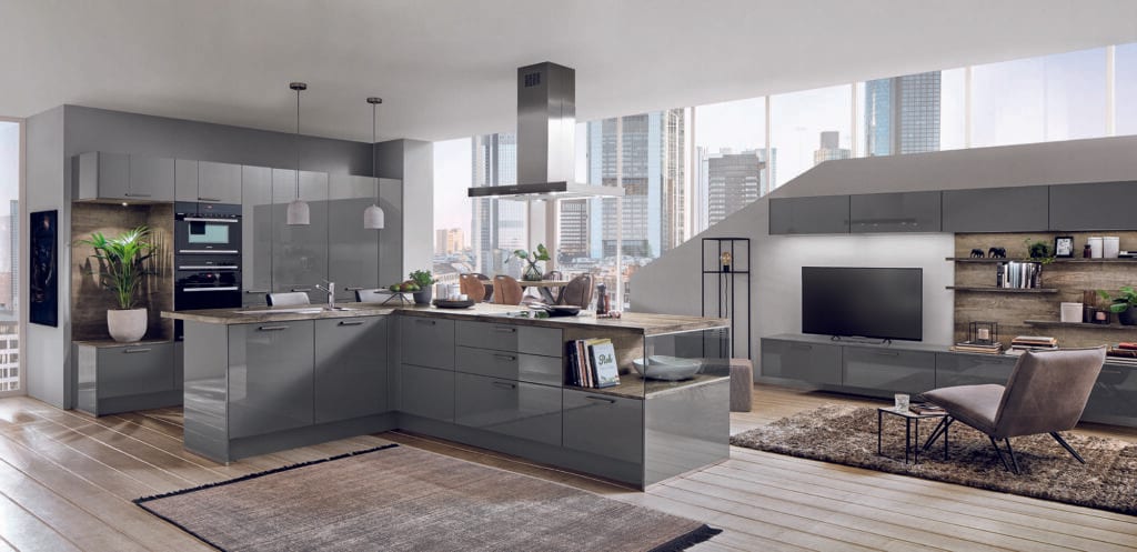 Nobilia Modern Grey Gloss Open Plan Kitchen With Island 2021 1 | NG Bespoke, Cheshire