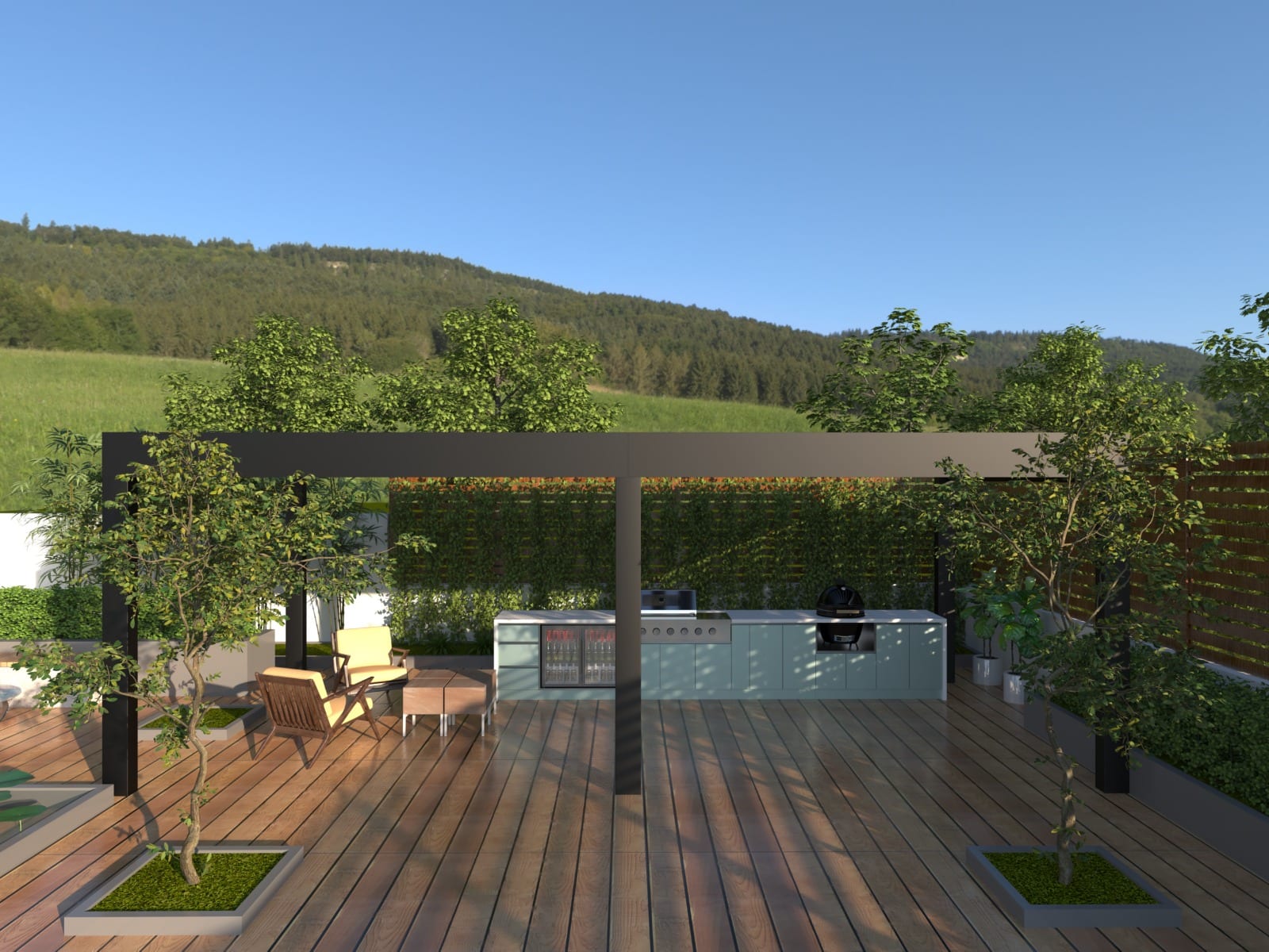 Bespoke outdoor kitchen under a pergola, on a wooden deck overlooking the Cheshire hills